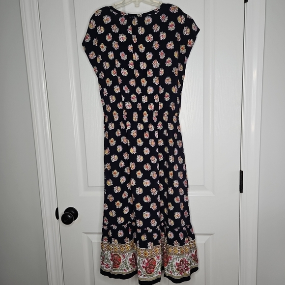 LOFT Paisley Midi Peasant Dress Small Navy Blue Elastic Waist Tassels Ruffle Hem - Picture 9 of 12